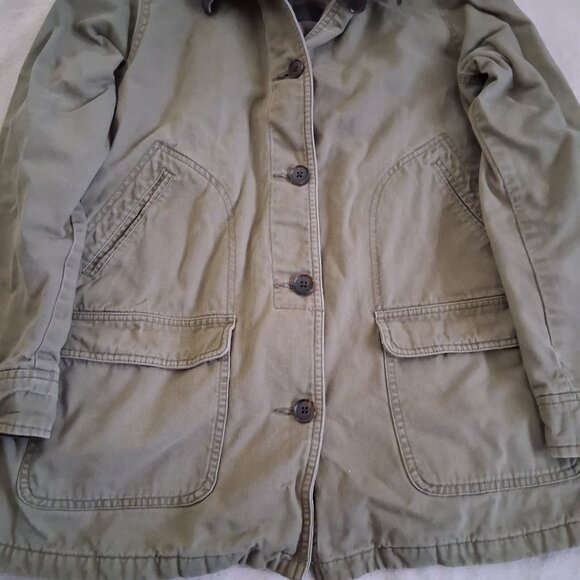 Lands' End Women's Medium Petite Khaki Green Plaid Lined Canvas Chore Coat - Picture 9 of 14